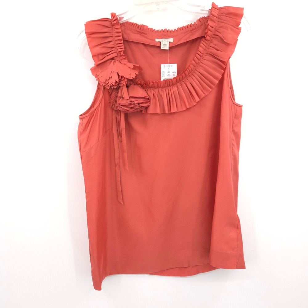 J.Crew Silk Ruffle Top Women 10 Coral Floral‎ Applique Sleeveless Blouse 18679
